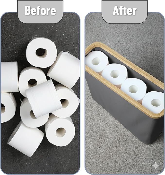 BAMBOO LAND- Toilet Paper Storage with Bamboo Lid for 12 Rolls, Gray, Waterproof Bamboo Toilet Paper Holder Basket
