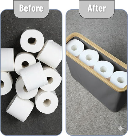 BAMBOO LAND- Toilet Paper Storage with Bamboo Lid for 12 Rolls, Gray, Waterproof Bamboo Toilet Paper Holder Basket
