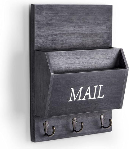 DLQuarts Mail Organizer with Key Holder for Wall, Mail Sorter Wall Mounted, Decorative Wooden Key and Mail Holder with 3 Hooks, Black