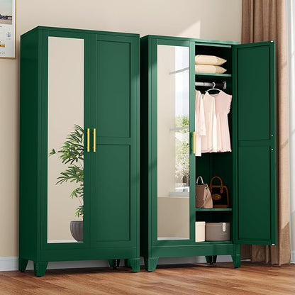 winiowa Metal Armoire Wardrobe Closet with 2 Mirror Doors, 71" Wardrobe Cabinet with Adjustable Shelves and Hanging Rod, Clothing Storage Cabinet Closet with Mirror for Bedroom-Green