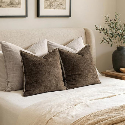 MIULEE Pack of 2 Couch Throw Pillow Covers 18x18 Inch Brown Farmhouse Decorative Pillow Covers with Stitched Edge Soft Chenille Solid Dyed Pillow Covers for Sofa Bed Living Room