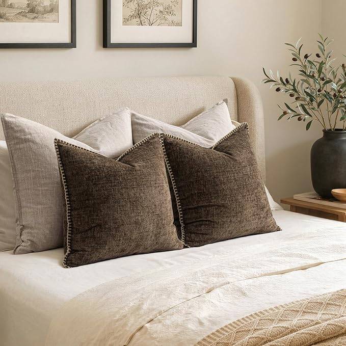 MIULEE Pack of 2 Couch Throw Pillow Covers 20x20 Inch Brown Farmhouse Decorative Pillow Covers with Stitched Edge Soft Chenille Solid Dyed Pillow Covers for Sofa Bed Living Room