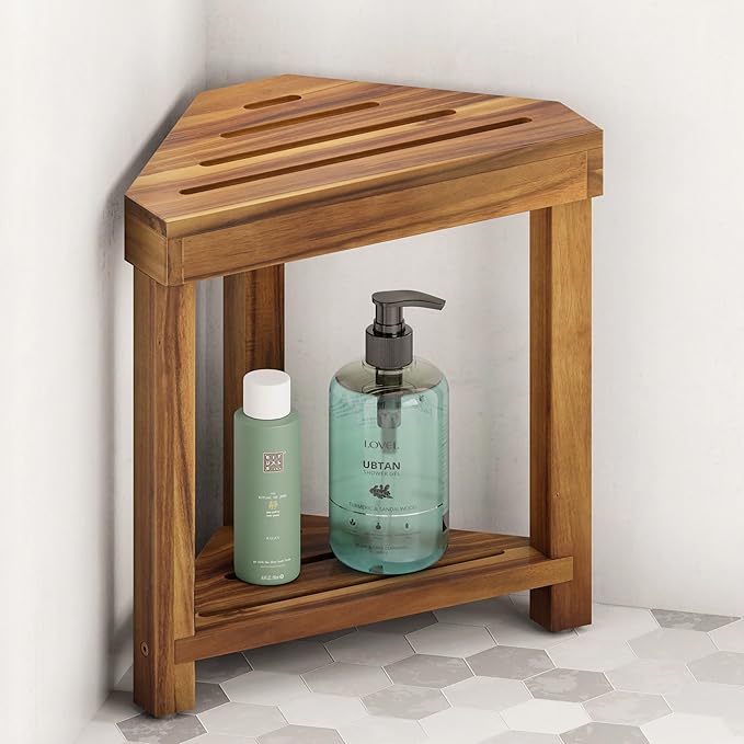 BLUEWEST 16.4" Corner Shower Stool with Storage Shelf, Acacia Wood Shower Foot Rest for Shaving Legs, Small Water-Resistant Bathroom Bench for Inside Shower, Wooden Bath Seat for Small Shower Spaces