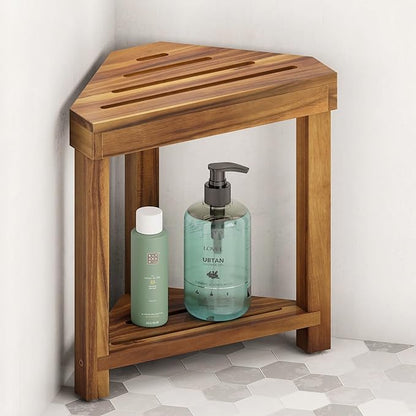 BLUEWEST 16.4" Corner Shower Stool with Storage Shelf, Acacia Wood Shower Foot Rest for Shaving Legs, Small Water-Resistant Bathroom Bench for Inside Shower, Wooden Bath Seat for Small Shower Spaces