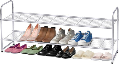 KEETDY 2-Tier Long Shoe Rack for Closet Shoe Organizer for Entryway, Metal Stackable Shoe Storage Shelf for 18 Pairs Sneakers with Strong Wire Grid, Gray