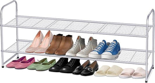 KEETDY 2-Tier Long Shoe Rack for Closet Shoe Organizer for Entryway, Metal Stackable Shoe Storage Shelf for 18 Pairs Sneakers with Strong Wire Grid, Gray