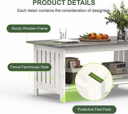 YOSHOOT 39.4" Farmhouse Coffee Table, Small Coffee Tables for Living Room | Grey, 2 Tier Coffee Table with Storage, Tea Table for Living Room Bedroom Small Space