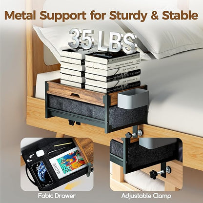 Bedside Shelf for Dorm Room, 2 Tier Clip On Bed Side Table Loft Shelf for Bunk Bed, Bedside Tray with Cable Management, Under Mattress Bedside Shelf, Back to School