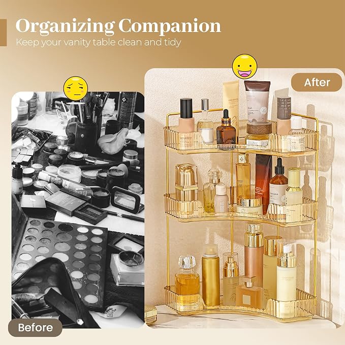 Aveniee Corner Bathroom Counter Organizer, Bathroom Countertop Shelf Makeup Organizer for Vanity Perfume Tray for Corner Storage (3 Tiers, Gold)