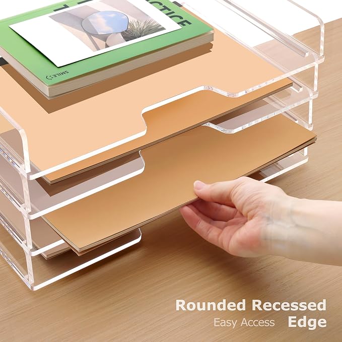 SANRUI Clear Acrylic Paper Tray, 4 Tier Stackable Letter Tray Desk Organizer with Curved Design, Oversized Document File Holder for Home Office Classroom Desktop Storage