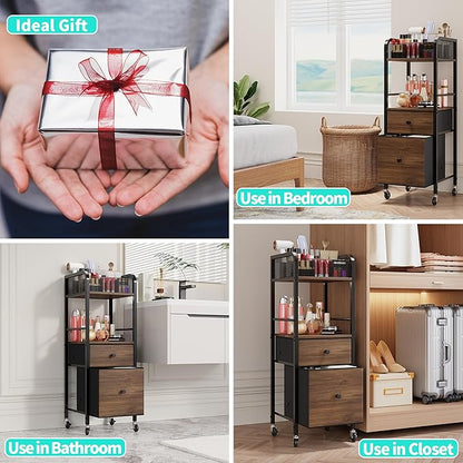 HapiRm Rolling Makeup Cart Organizer - Floor Skincare Make Up Storage with 2 Non-woven Fabric Drawers, Vanity Organizer Cosmetic Display Cases Holder for Skin Care Perfume Nail Polish Brush Hair Tool