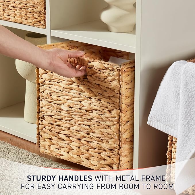 Ornavo Home 13 x 13 Inch Water Hyacinth Baskets Set of 6 – Handwoven Collapsible Wicker Storage Cube Bins with Handles for Bathroom, Bedroom, Laundry and Pantry - Natural