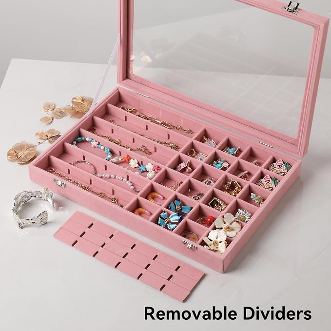 Frebeauty 48 Grid Jewelry Tray,Adjustable Earring Holder Organizer with Glass Lid,Velvet Drawer Jewelry Organizer for Rings,Studs,13.8 x 9.5 x 2 Inches Jewelry Display Box,Gift for Women(Pink)
