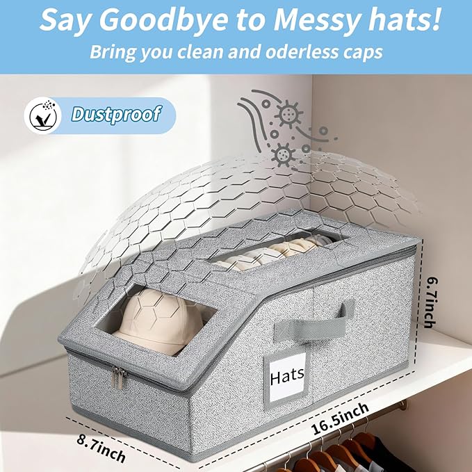 2 PCS Hat Organizer, Stackable Hat Storage for Closet, Breathable Fabric, for Women & Men Hat Boxes (Grey)