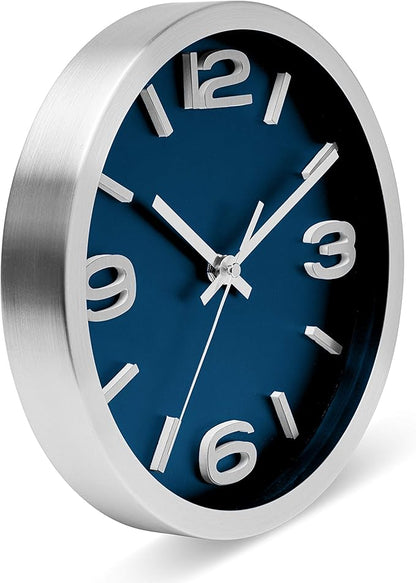 Bernhard Products Wall Clock 10 Inch Modern Silver Round Elegant Metal Quality Quartz, Silent Non Ticking Battery Operated Home Office Clock with 3D Numbers (Silver & Prussian Blue)