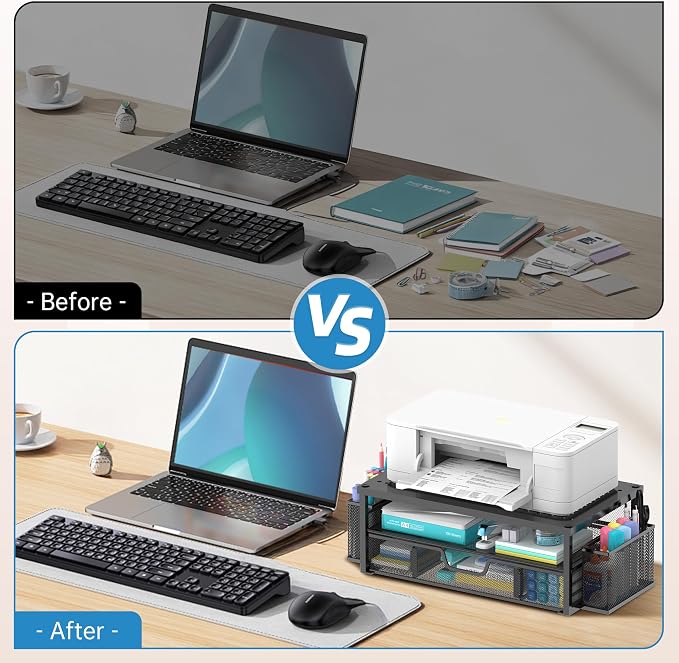 SUPEASY Printer Stand for Desk with Storage, 2-Tier Metal Monitor Stand Riser with Drawer and 2 Pen Holders, Multifunctional Desktop Organizer for Home Office Desk Accessories, Black