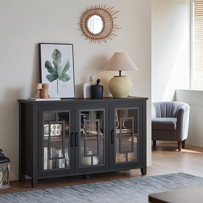 Large Sideboard Buffet Cabinet with Storage, 55" Farmhouse Black Kitchen Coffee Wine Bar Cabinet with 3 Glass Doors, Wood Mid Century Modern Side Board Table for Dining Room, Living Room