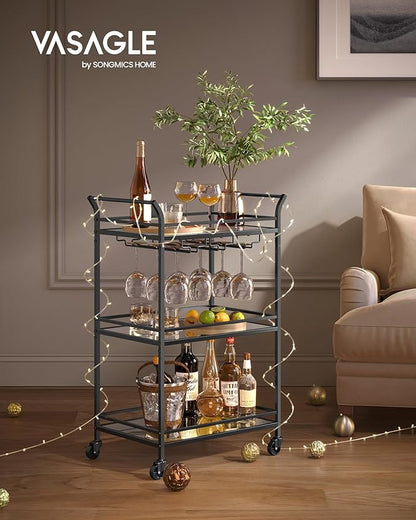 VASAGLE Bar Cart Black, Small Home Bar Serving Cart with 3-Tier Mirrored Shelf, Wine Holders, Glass Holders, for Small Spaces, Kitchen, 15 x 23.6 x 36.2 Inches, Black ULRC100B01