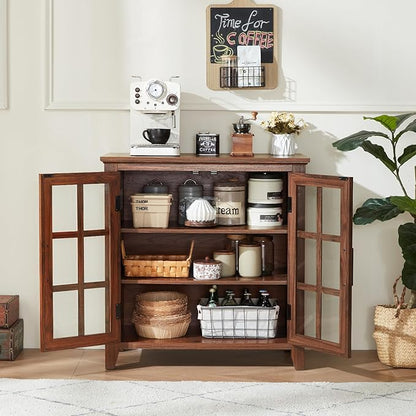 Large Sideboard Buffet Cabinet with Storage, 32" Farmhouse Kitchen Coffee Wine Bar Cabinet with 2 Glass Doors, Wood Mid Century Modern Side Board Table for Dining Room, Living Room, Brown