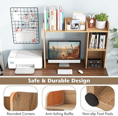 Desk Hutch, Desktop Shelf with 5 Shelves, Desk Bookshelf w/Anti-Toppling Devices, Wood Table Top Bookshelf Organizer, Small Desk Shelf for Study, Office, Dorm (Natural, 5 Shelves)