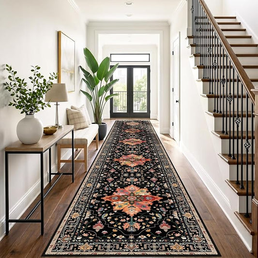 RELEANY Area Rugs Runner 3'x20' Washable Non-Slip, Floral Vintage Distress Medallion Carpet for Kitchen Hallway Bedroom Beside Laundry Room Bathroom, Black Colorful Floral Dark Tan