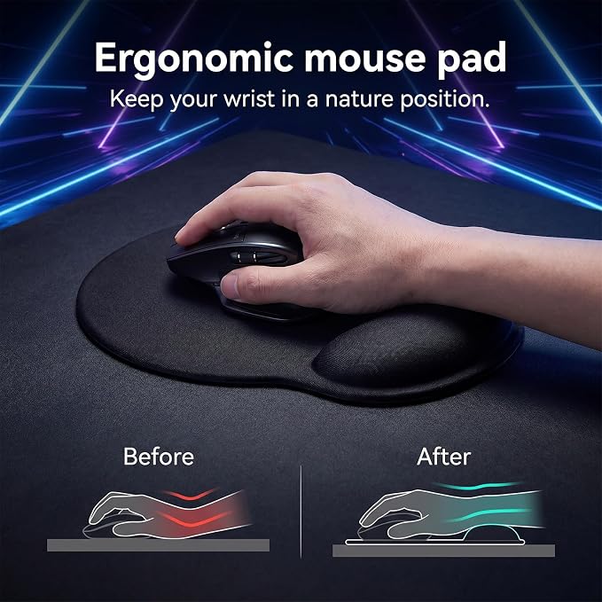 10 Pack Ergonomic Mouse Pad with Wrist Rest Support, Gel Memory Foam Computer Pad for Pain Relief & Comfort, Non-Slip Base for Gaming, Office, Home Use (Black)