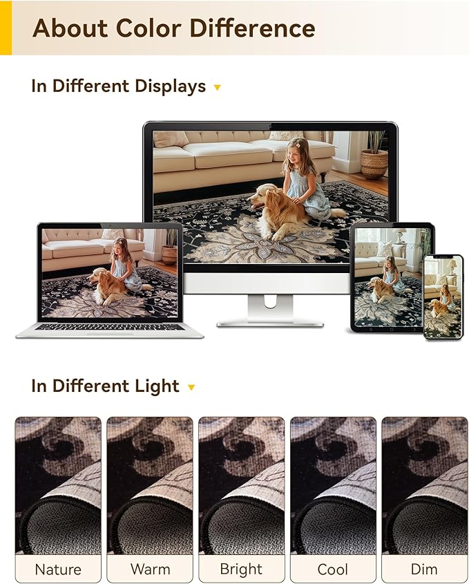 RELEANY Area Rugs Large 10'x12' Washable Non-Slip, Floral Vintage Distress Medallion Carpet for Living Room Bedroom Dining Room, Black Brown Neutral Dark Tan