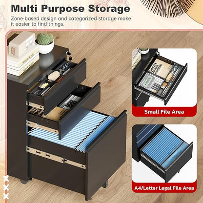 Superday Black File Cabinet 3 Drawer, Fully Assemble Metal Rolling Vertical Filing Cabinet with Wheels, Small Under Desk File Cabinets for Home Office