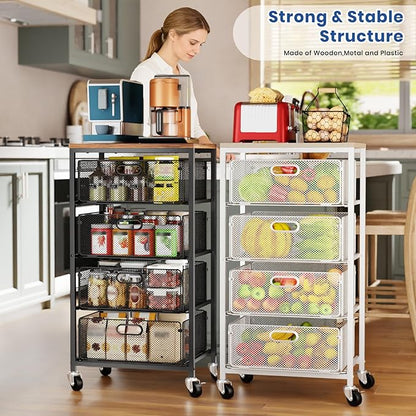 Goovilla Kitchen Cart with Drawers, 4 Tier Metal Rolling Utility Cart Organizer on Lockable Wheels with Wooden Top, White Fruit Vegetable Storage Rack Also for Cans, Snack, Craft, Art, Office, Beauty