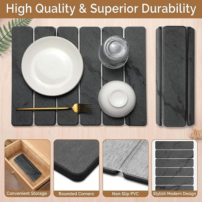 Small Stone Dish Drying Mat for Kitchen Counter, 2 PCS 16"×12" & 8"x4" Quick Dry Stone Mats, Foldable Water Absorbing Diatomaceous Earth Drying Dish Pad for Countertop Bottles Utensils Cups(Dark Gray)