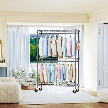 IZEUK Heavy Duty Rolling Garment Rack Wire Clothes Rack for Hanging Clothes (Black, Z1-17.7" D x 47.2" W x 83.6" H)