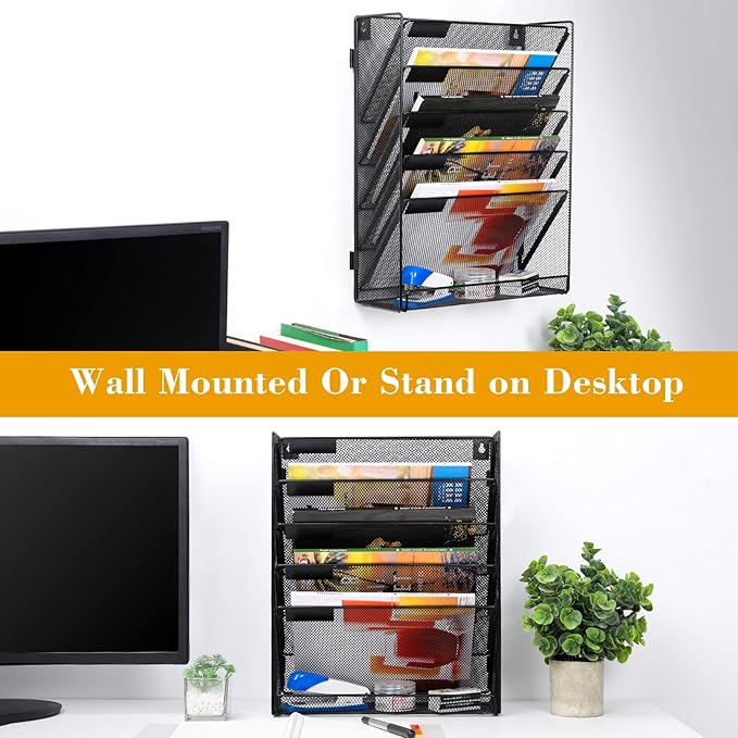 EasyPAG Wall File Holder Organizer 6 Tier Mesh Hanging Wall Mounted Document Paper Folder Filing Magazine Rack with Nametag Label for Office Home School, Black