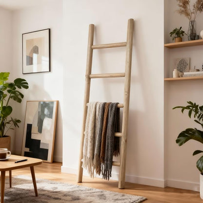 Wooden Blanket Ladder - 57in Natural Wood Color- Leaning Wall Decor for Bedroom, Bathroom, Living Room - Rustic Quilt Holder (Natural Wood Color, 57in | Knock Down)