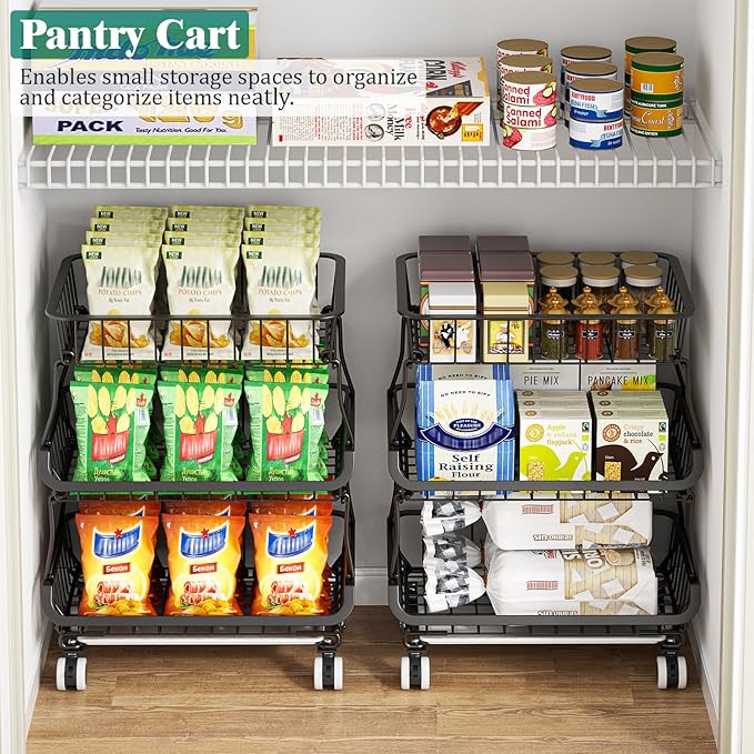 Giwil 3-Tier Rolling Pantry Organizers with Wheels, Stackable Wire Basket for Kitchen Pantry Shelves, Vegetable Storage Rack Pantry Cart for Snack Fruit Onion Potato, Black