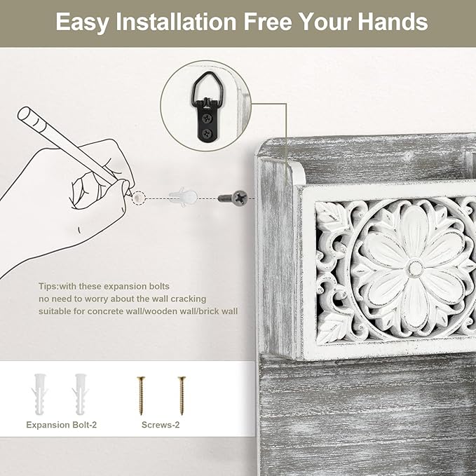 Mail Organizer Wall Mounted, 2 Slots Key Holder for Wall with 8 Hooks, Rustic Wood Key Rack with Shelf for Entryway Hallwall Farmhouse