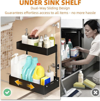 Henyol 2Packs Under Sink Organizer with Adjustable Height and Width, Under Cabinet Organizer to Tidy, Sturdy Metal Design for Kitchen and Bathroom