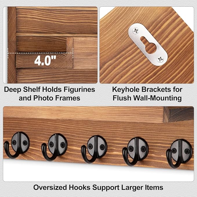 Key Holder Wall Mount, Entryway Key and Mail Holder with 7 Sturdy Hooks for Sunglasses, Dog Leash, Decorative Wall Shelf with Mounting Hardware, 15”W x 6.7”H x 4.2”D