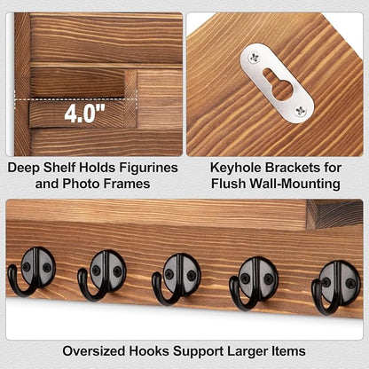 Key Holder Wall Mount, Entryway Key and Mail Holder with 7 Sturdy Hooks for Sunglasses, Dog Leash, Decorative Wall Shelf with Mounting Hardware, 15”W x 6.7”H x 4.2”D