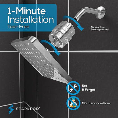 SparkPod 23-Stage Filtered Shower Head, 8" Square, Polished Chrome | Filtered Shower Head for Hard Water Filter, High Pressure, Reduces Chlorine, Heavy Metals, For Dry Skin & Hair