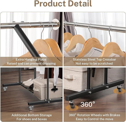 Clothing Rack, Heavy Duty Clothes Racks with Wheels and Bottom Shelf, 52.36’’ Metal Double Clothing Racks with Wheels, Wardrobe Rack for Hanging Clothes, Coats, Shirts, Skirts, Dresses, Black