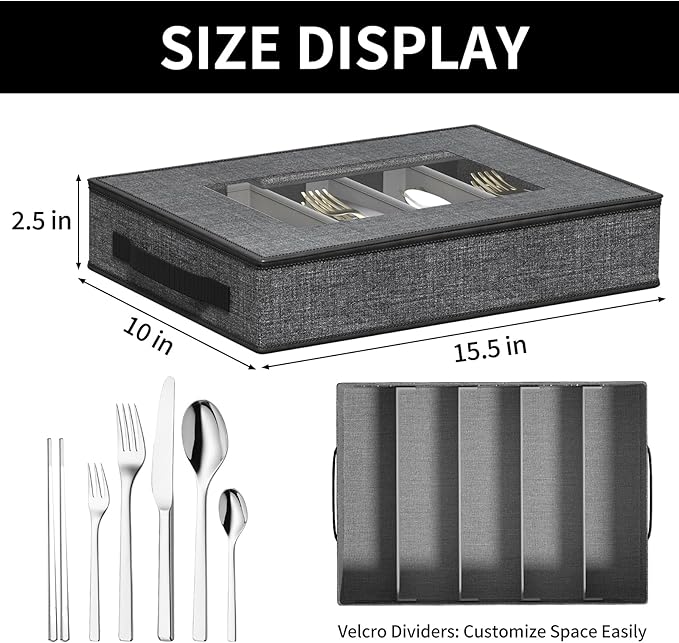 Aokeyee 2 Pack Silverware Storage Box, Sturdy Flatware & Utensil Storage Case with Adjustable Dividers, 5 Compartment Silverware Organizer with Lid and Handle for Utensil, Flatware, Knives, Gray