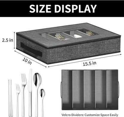 Aokeyee 2 Pack Silverware Storage Box, Sturdy Flatware & Utensil Storage Case with Adjustable Dividers, 5 Compartment Silverware Organizer with Lid and Handle for Utensil, Flatware, Knives, Gray