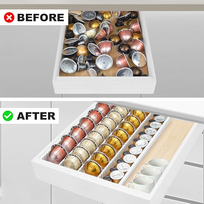 MinBoo Bamboo Coffee Pod Storage Holder Drawer Insert for Counter Compatible with Vertuoline Capsules for Kitchen, Home, Office, Coffee Station,white