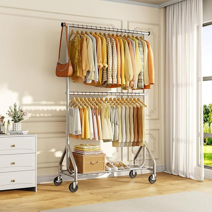 Heavy Duty Clothes Rack, Double Rod Clothing Rack for Hanging Clothes, Rolling Garment Rack, Adjustable Freestanding Wardrobe Closet Coat Rack for Bedroom Laundry Living Room, Silver