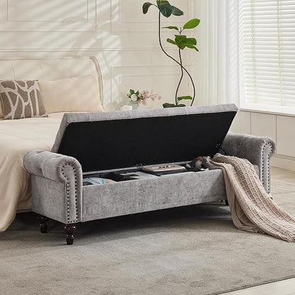 Storage Bench for Bedroom, 67" End of Bed Bench King Size, Upholstered Chenille Storage Ottoman with Tufted Cushioned Rolled Arm Large Storage Space for Living Room Entryway, Light Grey
