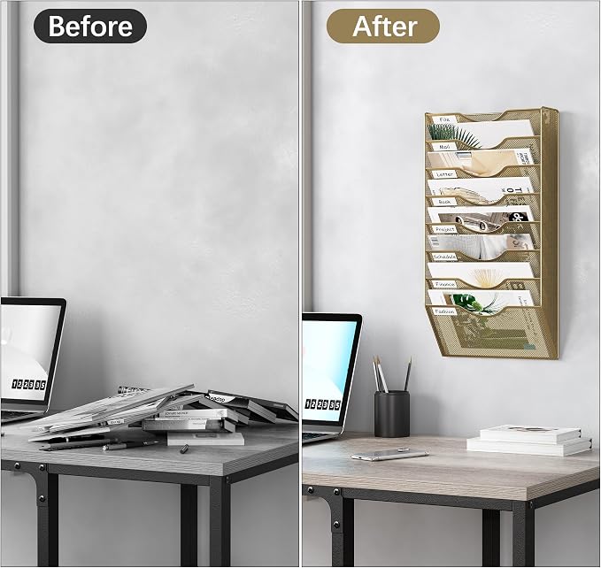 EasyPAG 8 Pocket Mesh Wall File Organizer, Hanging Paper Folder Holder with Classify Label, Vertical Wall Mount Mail Organizer for Office Home Classroom, Gold