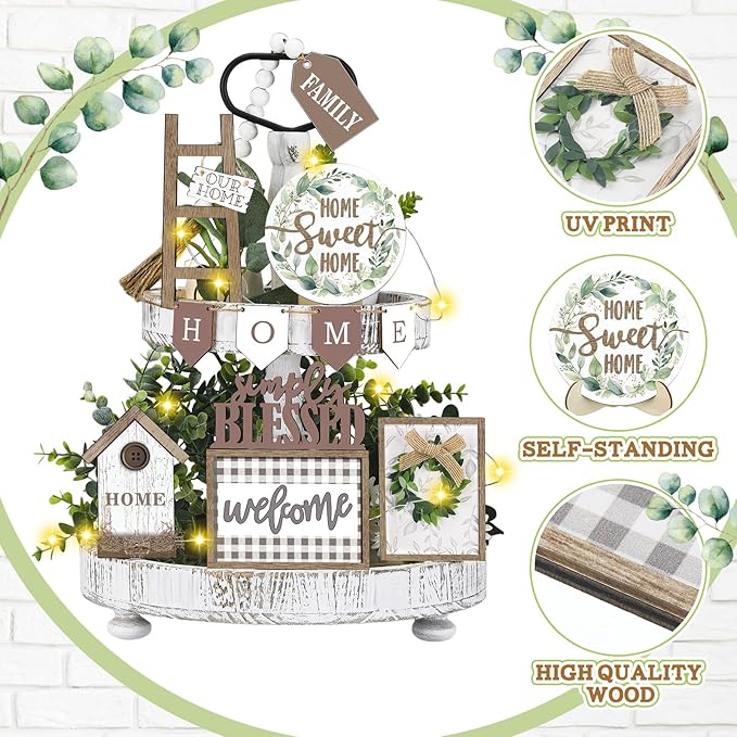 Set of 11 Farmhouse Tiered Tray Decor Rustic Home Tiered Tray Decorations Set Wooden Signs Home This is Us Farmhouse Tabletop Wood Signs for Kitchen Table Shelf Decor