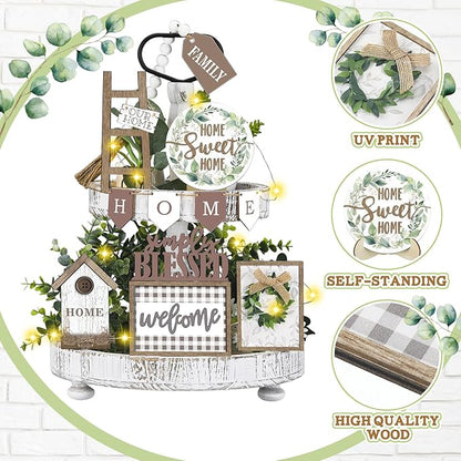 Set of 11 Farmhouse Tiered Tray Decor Rustic Home Tiered Tray Decorations Set Wooden Signs Home This is Us Farmhouse Tabletop Wood Signs for Kitchen Table Shelf Decor