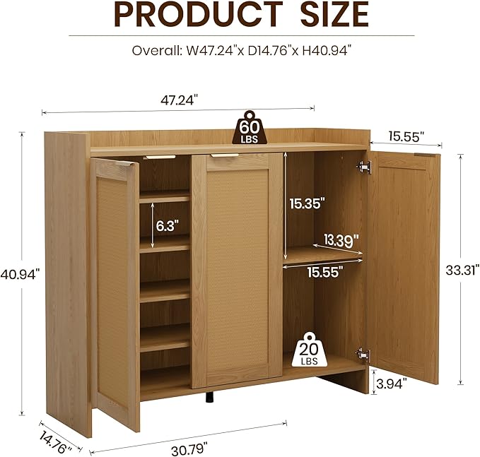 Shoe Cabinet, 41" Tall Rattan Shoe Storage Organizer Cabinet, Adjustable Shelves, 6-Tier Farmhouse Boho Wooden Storage Cabinet for Entryway Hallway Closet Bedroom,Lightoak