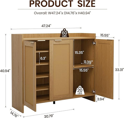 Shoe Cabinet, 41" Tall Rattan Shoe Storage Organizer Cabinet, Adjustable Shelves, 6-Tier Farmhouse Boho Wooden Storage Cabinet for Entryway Hallway Closet Bedroom,Lightoak